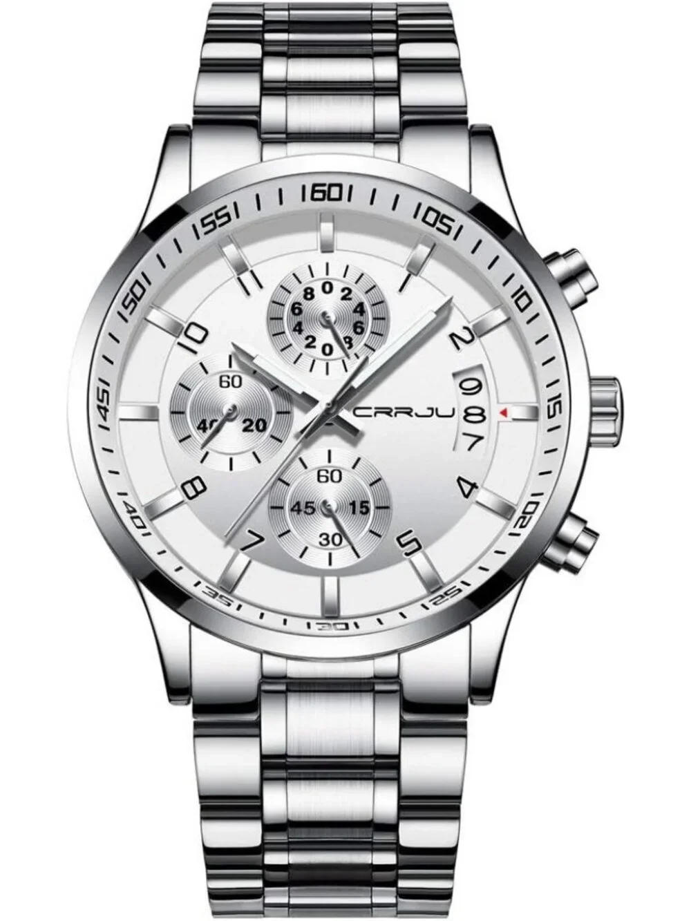 Men's Silver And White Analog Stainless Steel Waterproof Chronograph Wrist Watch